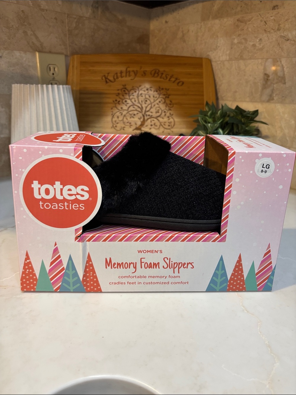 NIB Totes Toasties Women's Memory Foam Slippers Black Faux Fur Size Large 8-9